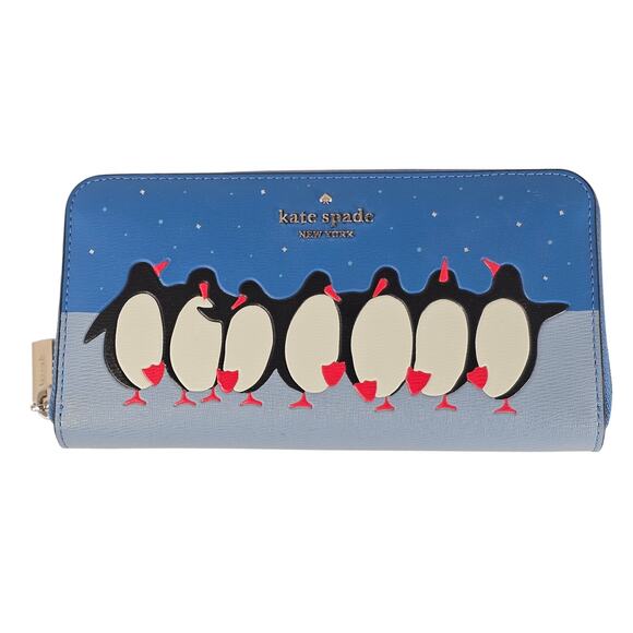 Kate Spade Arctic Friends Continental Wallet Penguin Blue Zip Around Blue Clutch - Picture 1 of 16